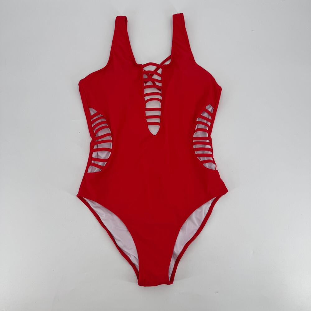 Aqua Eve Womens XL Red Plunge V Neck Sexy Cut Out One Piece Swimsuit NWT - Picture 2 of 7